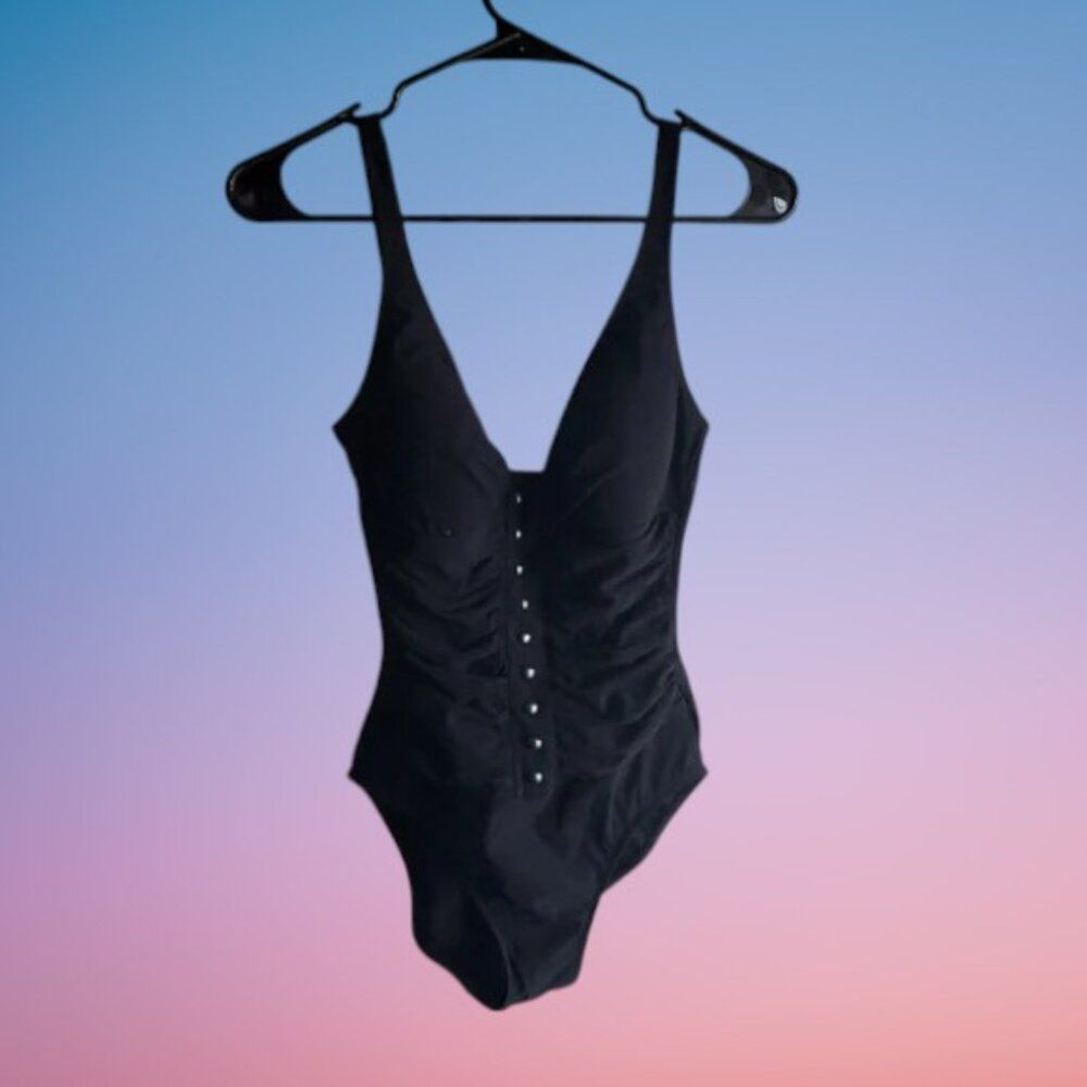 Profile Black Plunge One-Piece Swimsuit with Button Detail